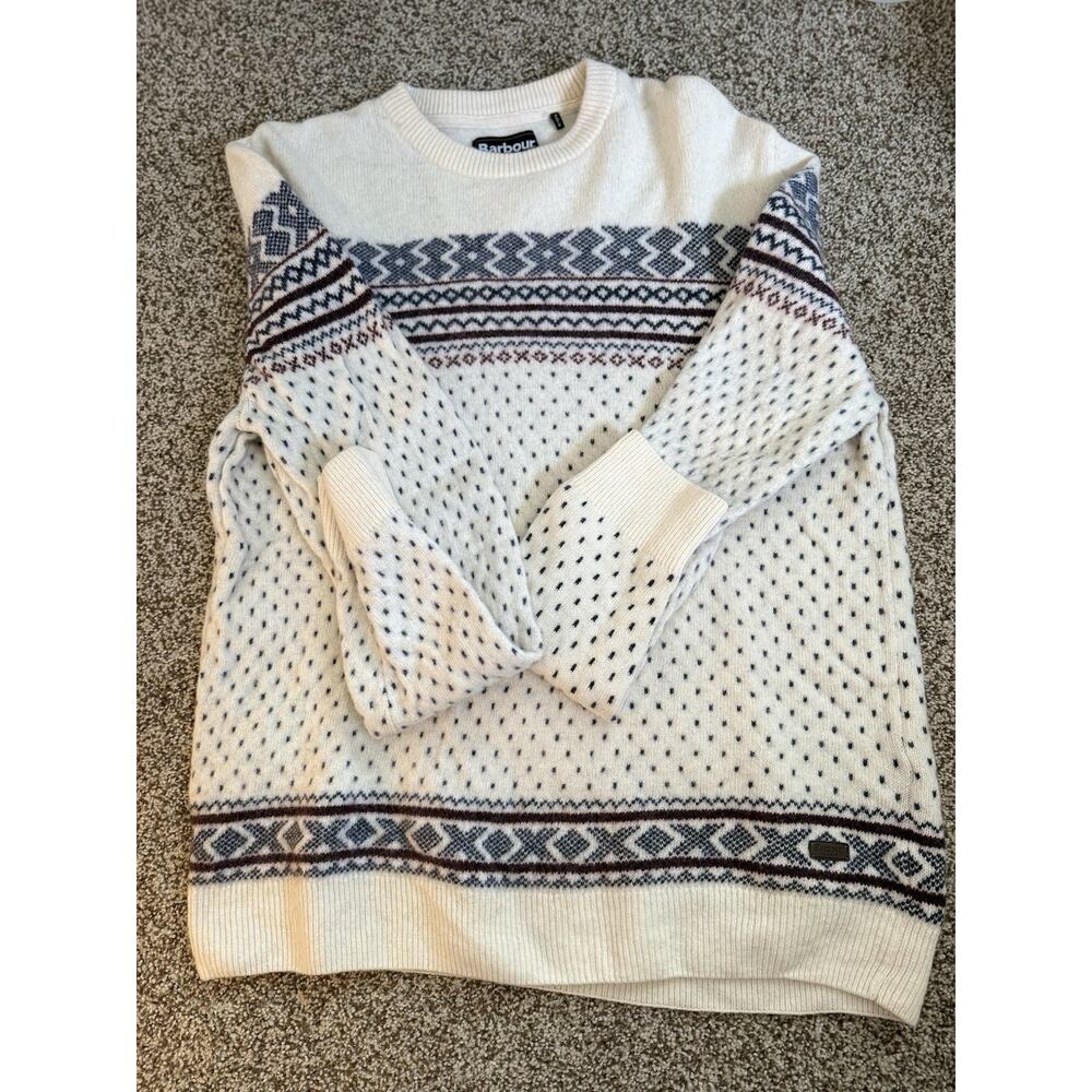 Barbour Mens Large Fits Like XL 100% Wool Sweater Fair Isle Blue White See Descr - Picture 10 of 14